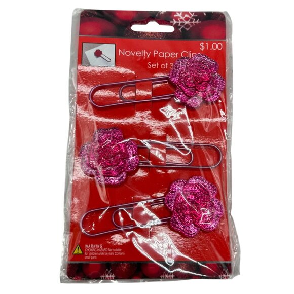 Set Of 3 Pink Sequin Flower Novelty Paper Clips For Office & Craft Use READ - Picture 1 of 9